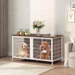 MAHANCRIS Dog Crate Furniture for 2 Dogs, 43.3″ Dog Kennel with Removable Divider, Heavy Sturdy Dog Furniture Style Double Cage for Small Medium Dogs, Indoor Pet House End Table, White and Walnut