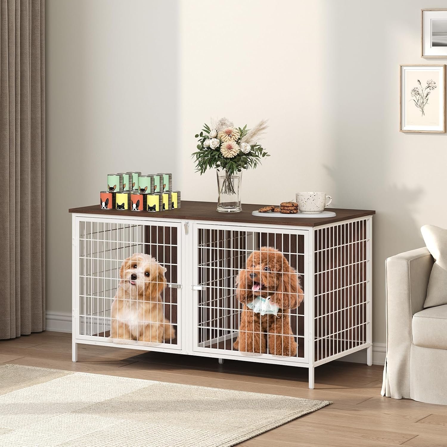 MAHANCRIS Dog Crate Furniture for 2 Dogs, 43.3″ Dog Kennel with Removable Divider, Heavy Sturdy Dog Furniture Style Double Cage for Small Medium Dogs, Indoor Pet House End Table, White and Walnut MAHANCRIS Dog Crate Furniture for 2 Dogs, 43.3″ Dog Kennel with Removable Divider, Heavy Sturdy Dog Furniture Style Double Cage for Small Medium Dogs, Indoor Pet House End Table, White and Walnut