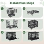 Shintenchi 48 inch Heavy Duty Crates for Large Dog, Indestructible and Escape-Proof Cage Kennel with Lockable Wheels, Double Door High Anxiety with Removable Tray, Black - Image 8