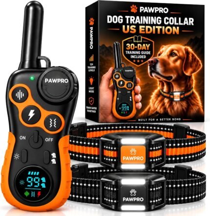 PAWPRO Dog Shock Collar with Remote, US Edition Training Collar, 4-Mile Range, Night Light, Beep, Vibration & 1-99 Shock, Waterproof & Rechargeable, Fits All Dogs, 30-Day Training Guide (2 Collars)