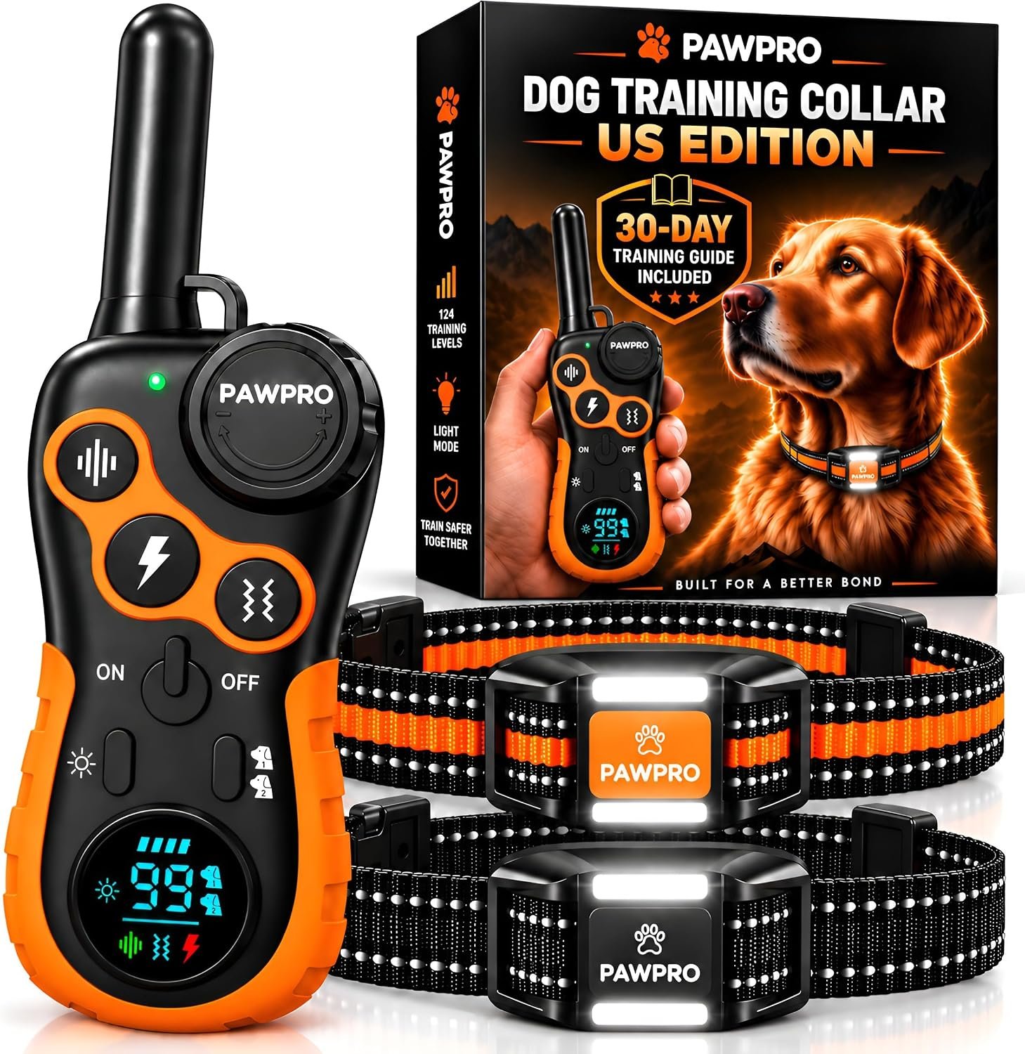 PAWPRO Dog Shock Collar with Remote, US Edition Training Collar, 4-Mile Range, Night Light, Beep, Vibration & 1-99 Shock, Waterproof & Rechargeable, Fits All Dogs, 30-Day Training Guide (2 Collars) PAWPRO Dog Shock Collar with Remote, US Edition Training Collar, 4-Mile Range, Night Light, Beep, Vibration & 1-99 Shock, Waterproof & Rechargeable, Fits All Dogs, 30-Day Training Guide (2 Collars)