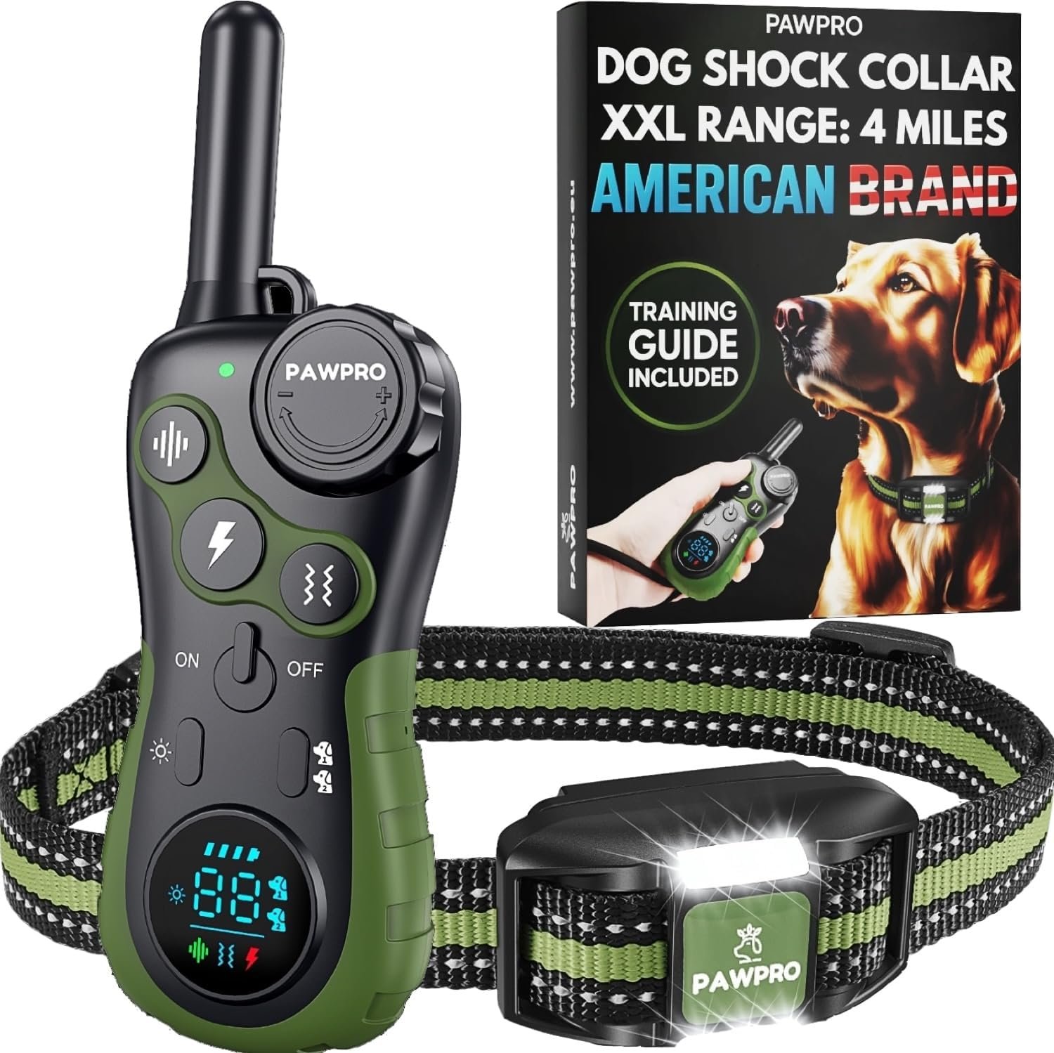 PAWPRO Dog Shock Collar with Remote, US Edition Training Collar, 4-Mile Range, Night Light, Beep, Vibration & 1-99 Shock, Waterproof & Rechargeable, Fits All Dogs, 30-Day Training Guide (Green) PAWPRO Dog Shock Collar with Remote, US Edition Training Collar, 4-Mile Range, Night Light, Beep, Vibration & 1-99 Shock, Waterproof & Rechargeable, Fits All Dogs, 30-Day Training Guide (Green)