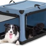 PETSFIT 36″ Soft Portable Dog Crate – Patented Spiral Sturdy Frame, Collapsible Travel Kennel for Medium & Large Dogs, 3 Mesh Door, Lockable Zippers, Indoor & Car Use Blue