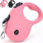 enrgticdg 16Ft Retractable Dog Leash,Light Weight Leash for Small to Medium Dogs/Cats Up to 50lbs,Stainless Steel Spring Strong Nylon Tape, Tangle Free, One-Handed Brake.(Pink-Black)