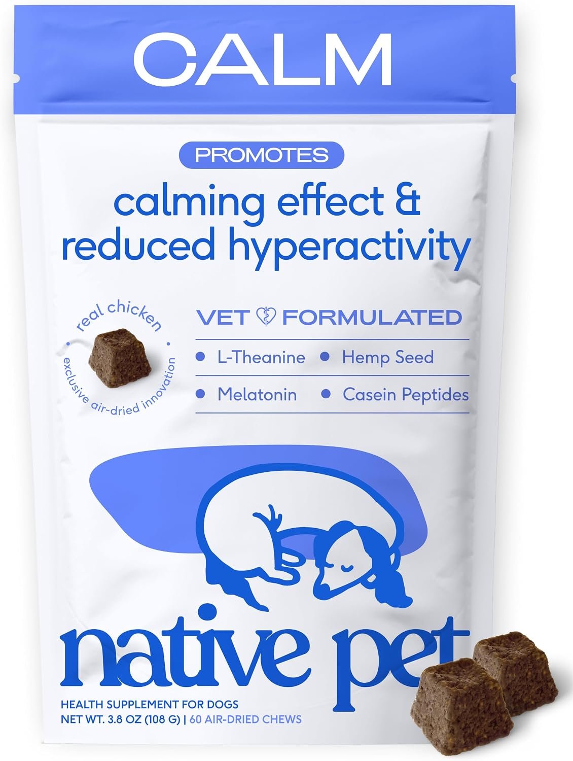 Native Pet Calming Chews for Dogs – Promotes Calming Effect, Supports Emotional Balance & Reduces Hyperactivity – Hemp Seed, Melatonin for Dogs, L-Theanine & Casein -Air-Dried 60 Chews Native Pet Calming Chews for Dogs – Promotes Calming Effect, Supports Emotional Balance & Reduces Hyperactivity – Hemp Seed, Melatonin for Dogs, L-Theanine & Casein -Air-Dried 60 Chews