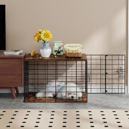 24 Inch Small Dog Crate Furniture - All-Season Indoor Dog Kennel with Wooden Top & Thickened Metal Wire, Cage for Small Dogs & Puppies Under 20 lbs. Fits Living Room, Bedroom, Hallway.