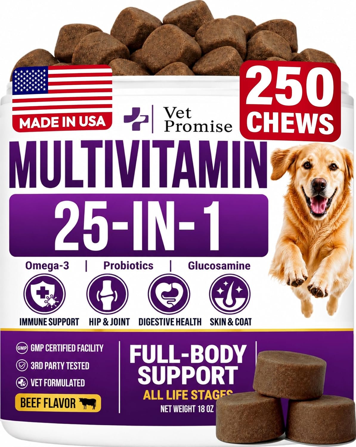25-in-1 Dog Vitamins and Supplements, 250 Chews, Dog Multivitamin Chewable 25-in-1 Dog Vitamins and Supplements, 250 Chews, Dog Multivitamin Chewable