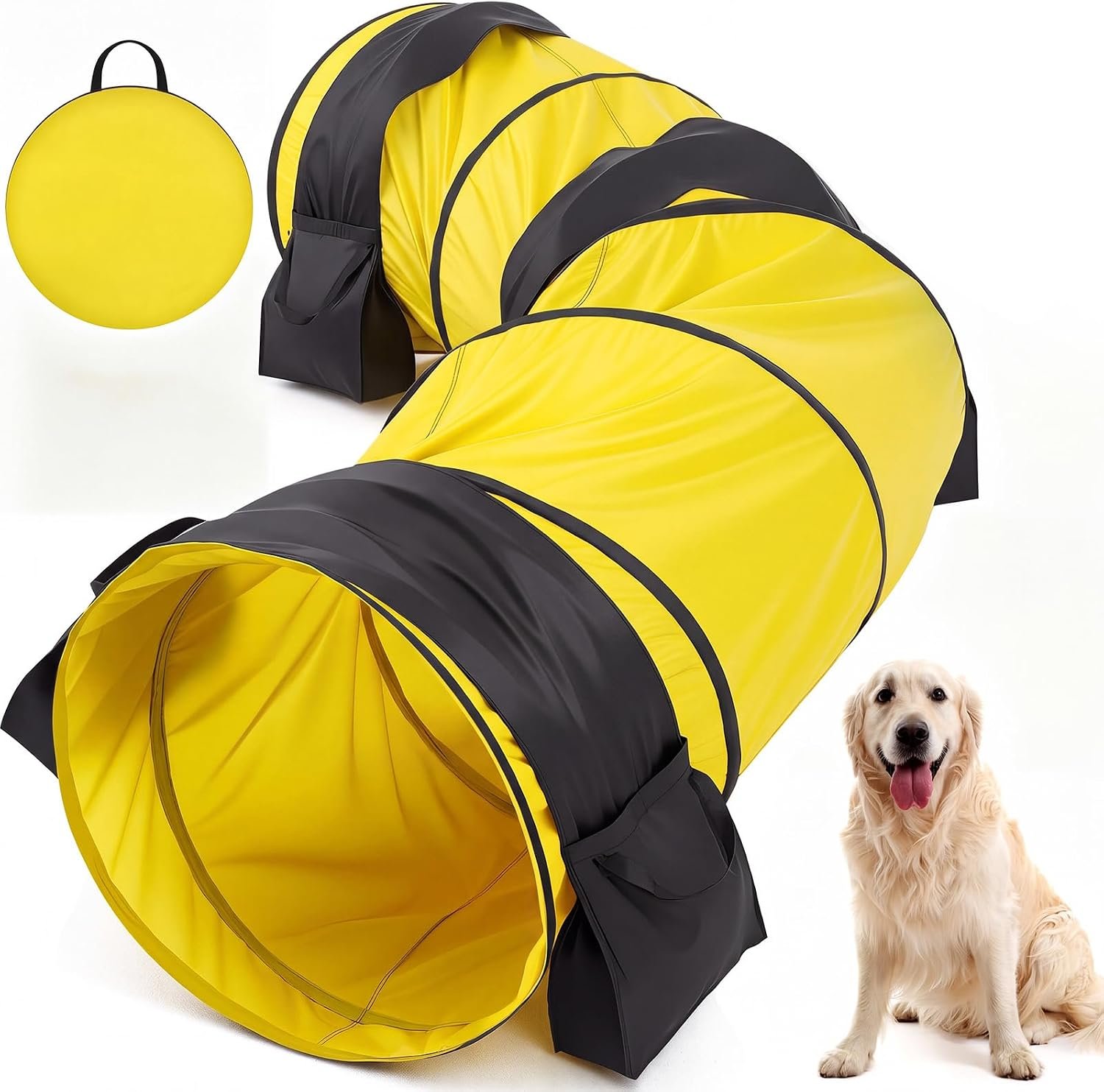 28 in 10 Foot Yellow Extra Large Dog Agility Tunnel with Sandbags 28 in 10 Foot Yellow Extra Large Dog Agility Tunnel with Sandbags
