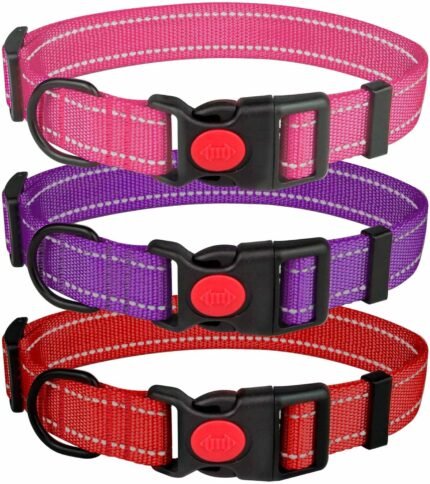 3 PCS Dog Collars for Medium Dogs,Reflective Dog Collar Adjustable Soft Nylon with Safety Locking Buckle Girl Dog Collars,Hotpink+Purple+Red,M