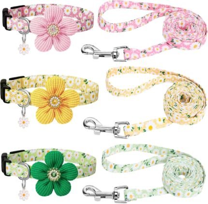 3 Pack Dog Collar and Leash Set, Puppy Collar and Leash (Green,Pink,Yellow)