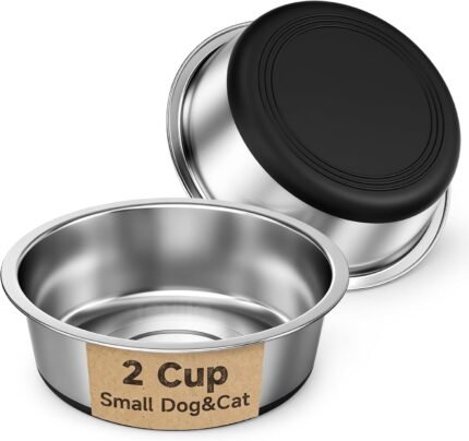304 Food-Grade Stainless Steel Dog Bowls, Set of 2, 16 oz (2 Cups) Each, Dog Water Bowl & Dog Food Bowl for Small Dogs & Puppies, Also Cat Bowls for Cats & Kittens, Non-Slip Silicone, Dishwasher Safe