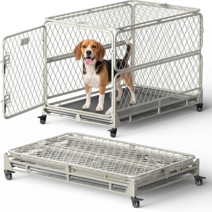 36 Inch Collapsible Dog Crate for Small Dogs, Foldable Metal Dog Kennel with Reinforced Diamond Wire Mesh, Escape Proof Foldable Dog Cage, Leak-Proof Removable Tray, Double Secure Door Latch
