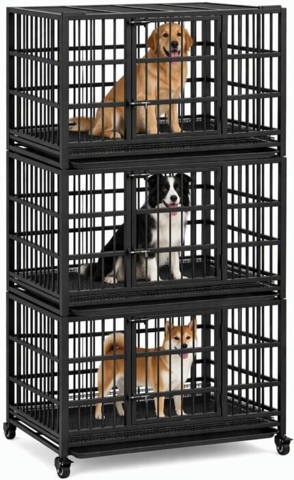 38″ Stackable Dog Crate 3 Pack (3 Crates), Dual Door & Lock, Wheels