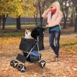 4 Wheels Pet Stroller Dog Cat Stroller for Small Medium Dog Cats Foldable Carrier Jogger Travel Puppy with Storage Basket and Cup Holder (Black) - Image 2