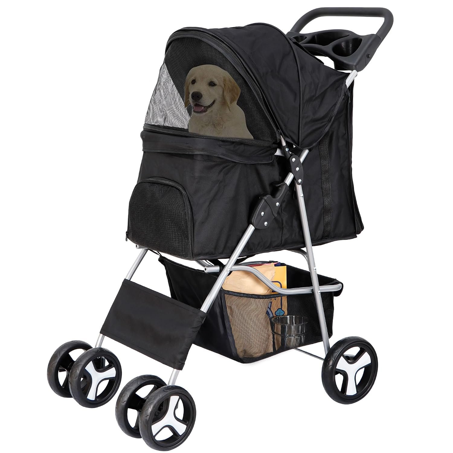 4 Wheels Pet Stroller Dog Cat Stroller for Small Medium Dog Cats Foldable Carrier Jogger Travel Puppy with Storage Basket and Cup Holder (Black) 4 Wheels Pet Stroller Dog Cat Stroller for Small Medium Dog Cats Foldable Carrier Jogger Travel Puppy with Storage Basket and Cup Holder (Black)