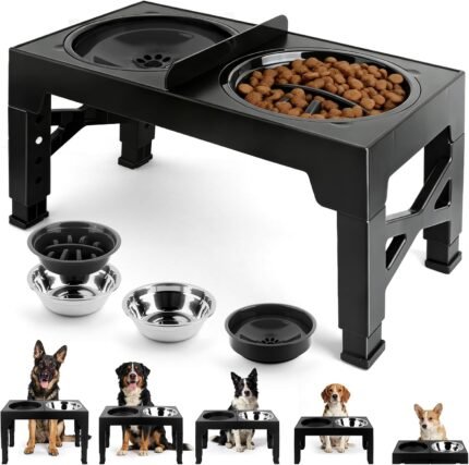 4-in-1 Elevated Dog Bowl Stand with Slow Feeder, 5 Adjustable Heights