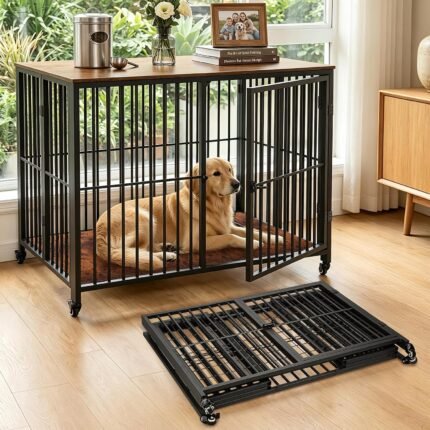 42.3" Large Dog Crate Furniture Foldable, Heavy Duty Dog Kennel Indoor