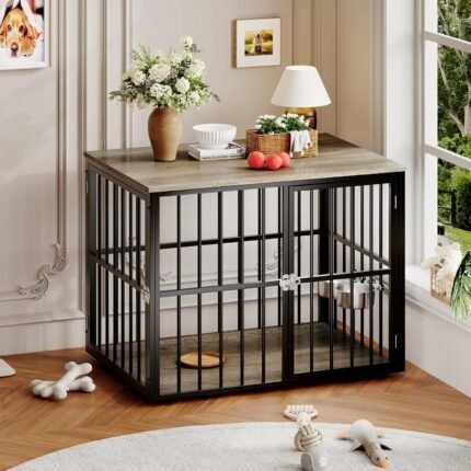 43'' Heavy Duty Dog Crate Furniture with 2 Doors and Adjustable Bowls for Medium Large Dogs, Wooden Dog Cage Kennel Indoor Pet Cage House & Side End Table, Easy Assembly