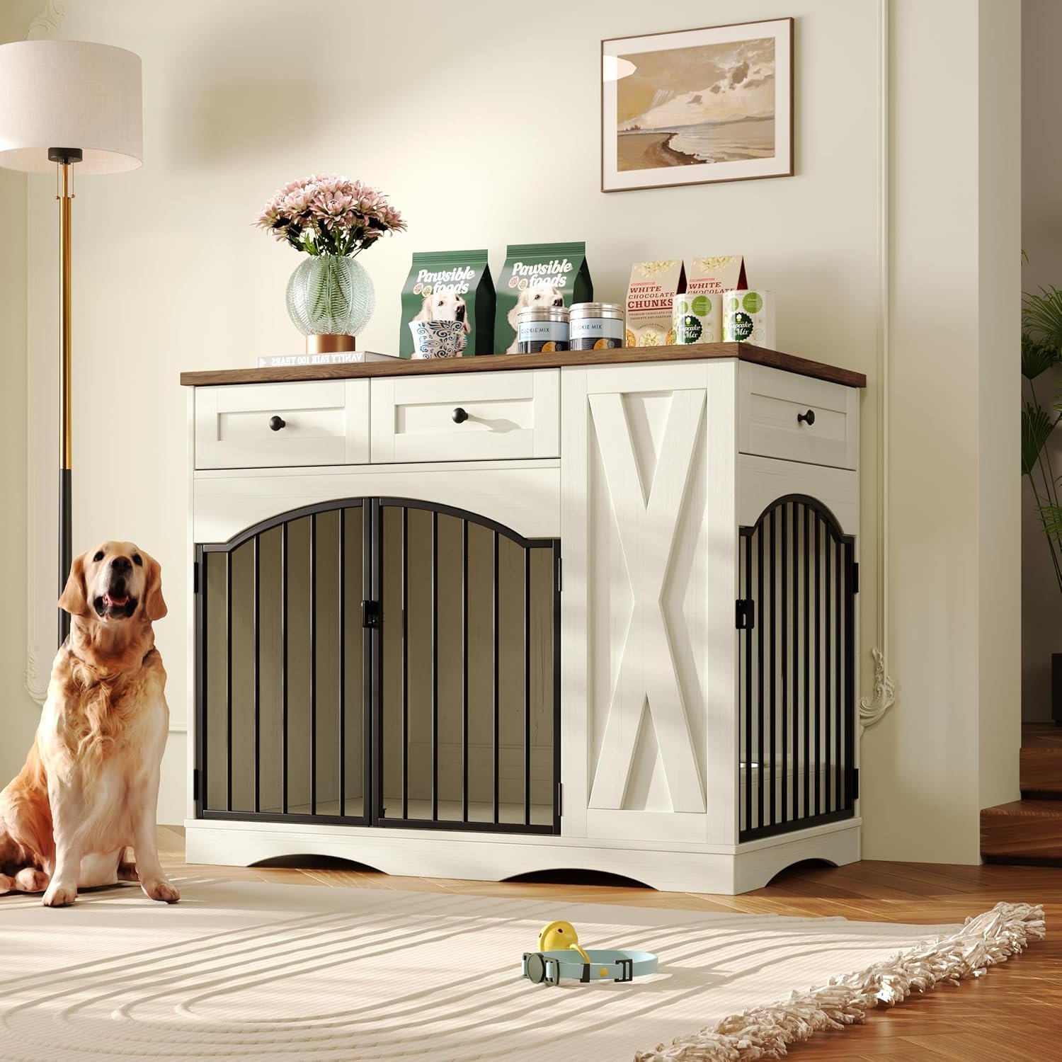 43.3″ Dog Crate Furniture, Wooden Dog Kennel with 3 Drawers, Beige 43.3″ Dog Crate Furniture, Wooden Dog Kennel with 3 Drawers, Beige