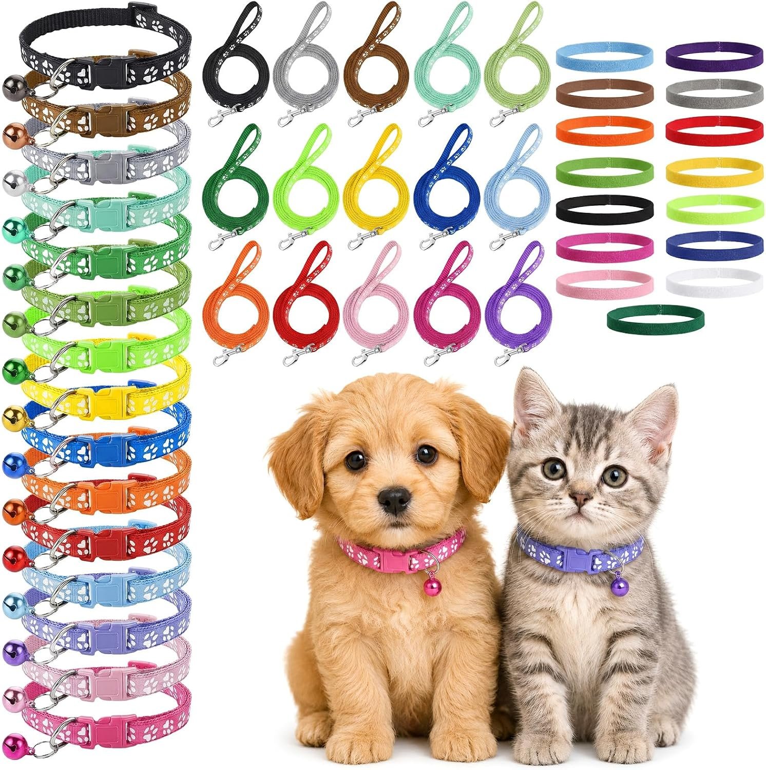 45 Pcs Puppy Collar and Leash, Colorful Adjustable Dog Collars with Marker Straps Soft Polyester Paw Pet Puppy Collar Quick Release Buckle for Small Dogs Walking Training (Detachable Bell) 45 Pcs Puppy Collar and Leash, Colorful Adjustable Dog Collars with Marker Straps Soft Polyester Paw Pet Puppy Collar Quick Release Buckle for Small Dogs Walking Training (Detachable Bell)