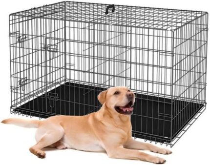 48-Inch Folding Metal Dog Crate for Medium, and Large Breeds – Double-Door Kennel with Divider, Removable Tray, and Carry Handle – Ideal for Indoor and Outdoor - Black