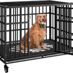 48 Inch Heavy Duty Dog Crate with Wheels,Indestructible Escape-Proof Dog Kennel with Locking Latch and Double Door,Extra Large XL XXL Crate Indoor for Large and Medium Dog with Removable Tray