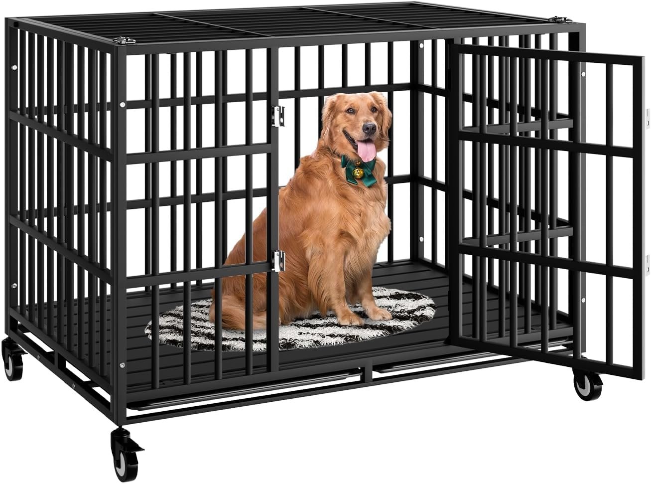 48 Inch Heavy Duty Dog Crate with Wheels,Indestructible Escape-Proof Dog Kennel with Locking Latch and Double Door,Extra Large XL XXL Crate Indoor for Large and Medium Dog with Removable Tray 48 Inch Heavy Duty Dog Crate with Wheels,Indestructible Escape-Proof Dog Kennel with Locking Latch and Double Door,Extra Large XL XXL Crate Indoor for Large and Medium Dog with Removable Tray