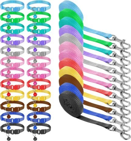 48 Pcs Small Dog Collar and Leash Set, Soft Nylon 8-14 Inch Adjustable Puppy Cat Kitten Collars with Bell Walking Training Rope for Newborn Small Pet (Multicolor, Solid Pattern)