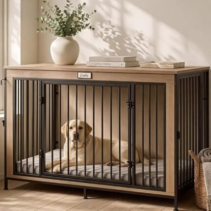 48" XL Dog Crate Furniture for Large Dogs,Farmhouse Light Oak Wood Dog Kennel, Heavy DutyAnti-Chew Steel Frame, Escape Proof Pet Crate, 3Door Indoor Dog House, TV Stand EntertainmentCenter 350LB