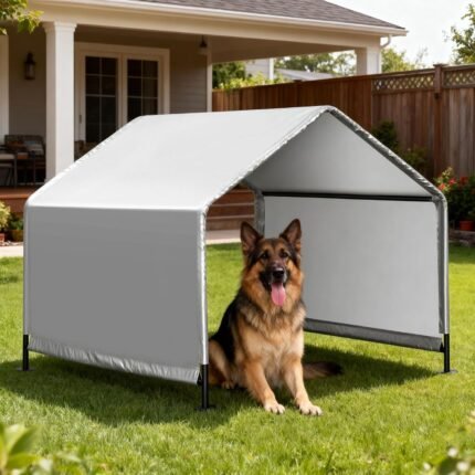 4’x 4’x 3.3′ Dog Shade Shelter, Outdoor Dog Tent Dog House Canopy Waterproof, Sun Protection with Ground Stakes for Pet Medium Large Dogs, Cats, Pigs, Chicken, Goose (4‘’)