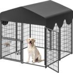 4x4x4.5ft Outdoor Dog Kennel, Metal Heavy Duty Dog Run with Rotating Door & 2 Adjustable Bowls, Dog Kennel Outside with Waterproof Cover, Pet Enclosure Indoor for Small/Medium/Large Dogs