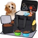 5 Set Dog Travel Bag for Supplies, Dog Lovers, Large Pet Travel Kit Includes 2 Food Containers&2 Collapsible Bowls、Placemats,Black