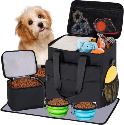 5 Set Dog Travel Bag for Supplies, Dog Lovers, Large Pet Travel Kit Includes 2 Food Containers&2 Collapsible Bowls、Placemats,Black
