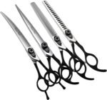 7.0'' Professional Dog Grooming Scissors Set with Black Non-Slip Handle 440C Stainless Steel Straight Thinning Curved Chunker Shears 4pcs Set for Pet Grooming Services