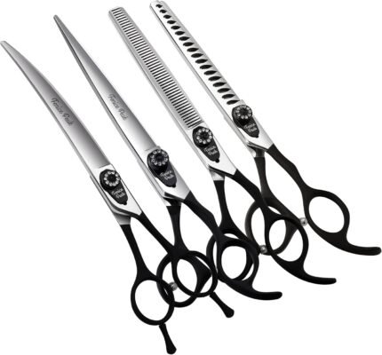 7.0'' Professional Dog Grooming Scissors Set with Black Non-Slip Handle 440C Stainless Steel Straight Thinning Curved Chunker Shears 4pcs Set for Pet Grooming Services