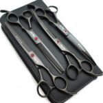 7.0in Titanium Professional dog Grooming Scissors set,Straight & Thinning & Curved scissors 4pcs set for Dog grooming (Bright black)
