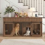 71” Double Dog Crate Furniture, XXL Dog Kennel TV Stand,Walnut