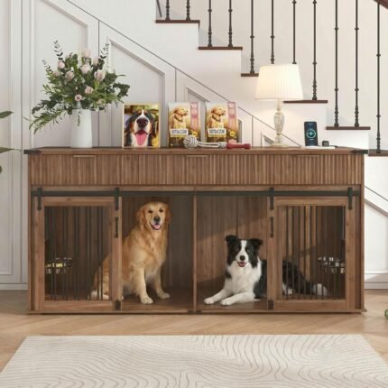 71” Double Dog Crate Furniture, XXL Dog Kennel TV Stand,Walnut