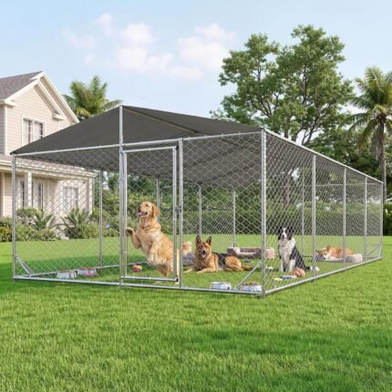 AOXUN 10×20FT Large Outdoor Dog Kennel with Metal Door, Waterproof Roof and Secure Lock for Medium Large Dogs, All Weather Resistant Heavy Duty Outdoor Dog Kennel for Yard, Balcony & Farm