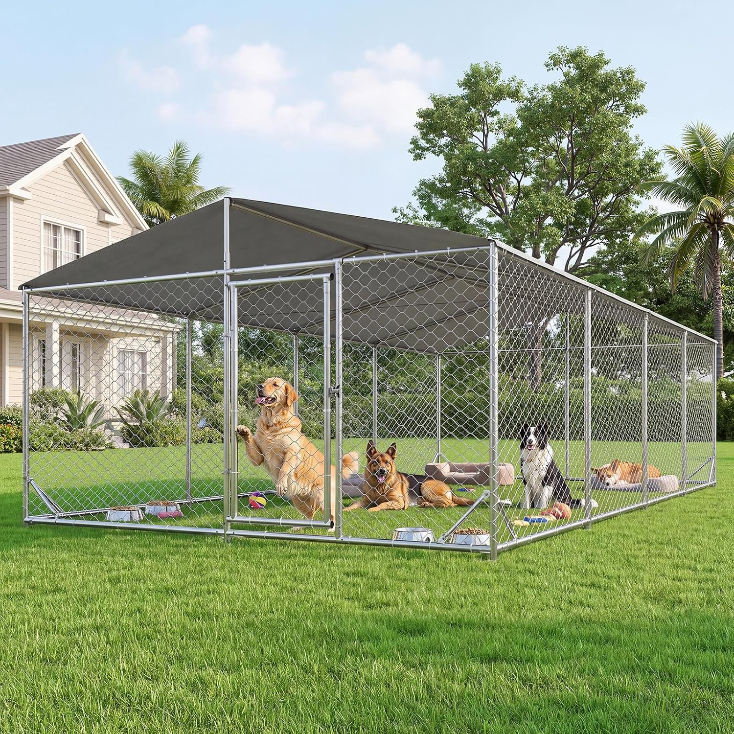 AOXUN 10×20FT Large Outdoor Dog Kennel with Metal Door, Waterproof Roof and Secure Lock for Medium Large Dogs, All Weather Resistant Heavy Duty Outdoor Dog Kennel for Yard, Balcony & Farm AOXUN 10×20FT Large Outdoor Dog Kennel with Metal Door, Waterproof Roof and Secure Lock for Medium Large Dogs, All Weather Resistant Heavy Duty Outdoor Dog Kennel for Yard, Balcony & Farm