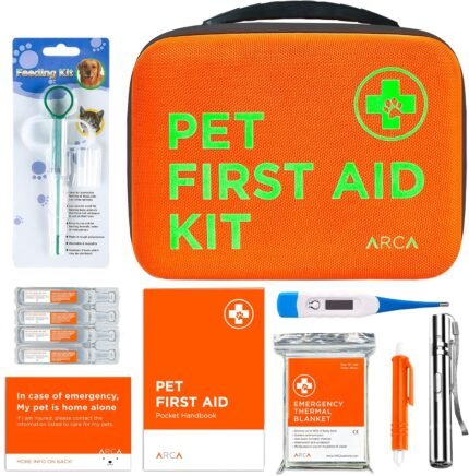 ARCA PET Cat & Dog First Aid Kit – High Visibility Reflective Zipper with Fluorescent Letter Print – 100 pcs with Dog Thermometer, Tick Remover Kit & Pet First Aid Kit Manual Book