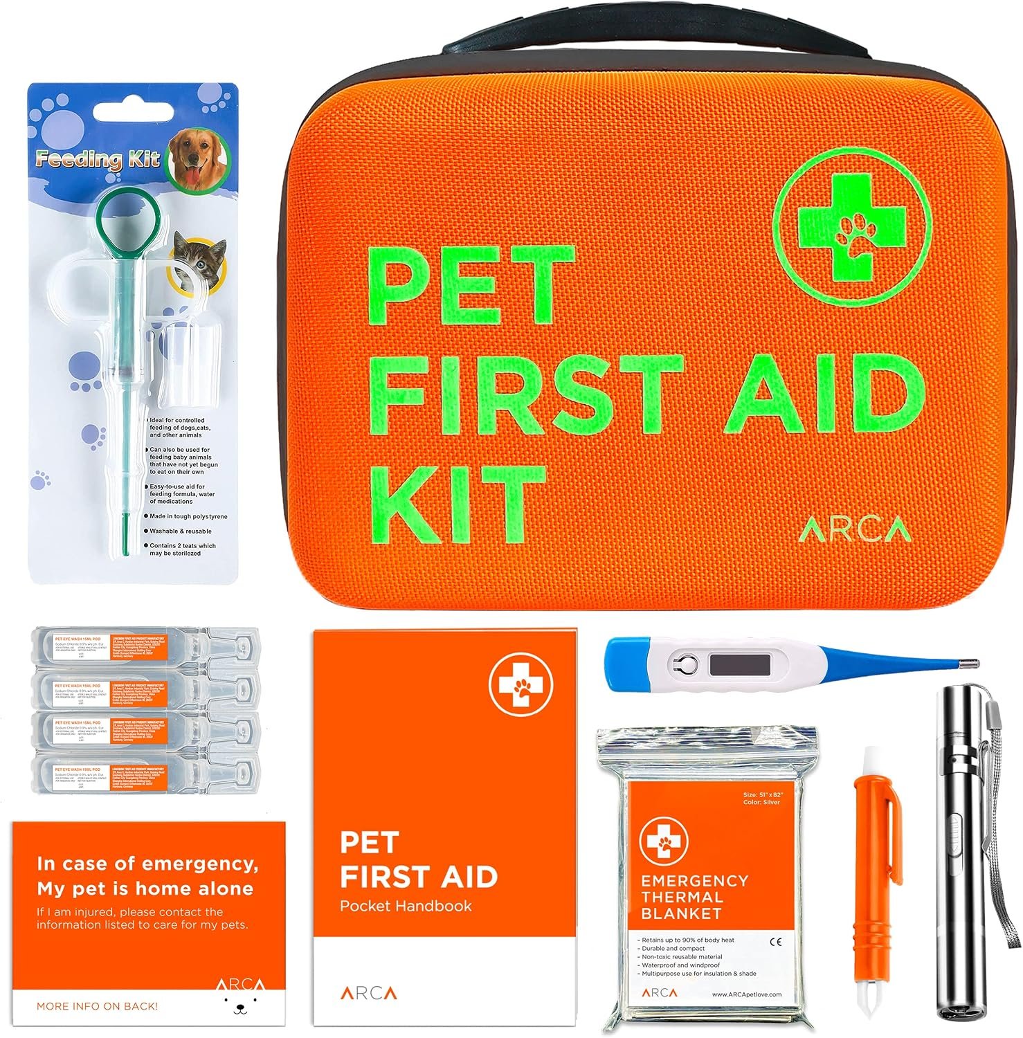 ARCA PET Cat & Dog First Aid Kit – High Visibility Reflective Zipper with Fluorescent Letter Print – 100 pcs with Dog Thermometer, Tick Remover Kit & Pet First Aid Kit Manual Book ARCA PET Cat & Dog First Aid Kit – High Visibility Reflective Zipper with Fluorescent Letter Print – 100 pcs with Dog Thermometer, Tick Remover Kit & Pet First Aid Kit Manual Book