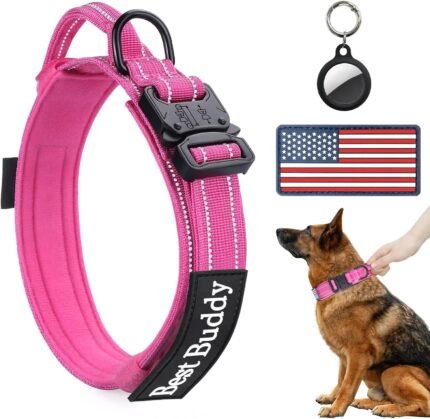 AUBELL Reflective Tactical Heavy Duty Dog Collar with Handle,Pink L