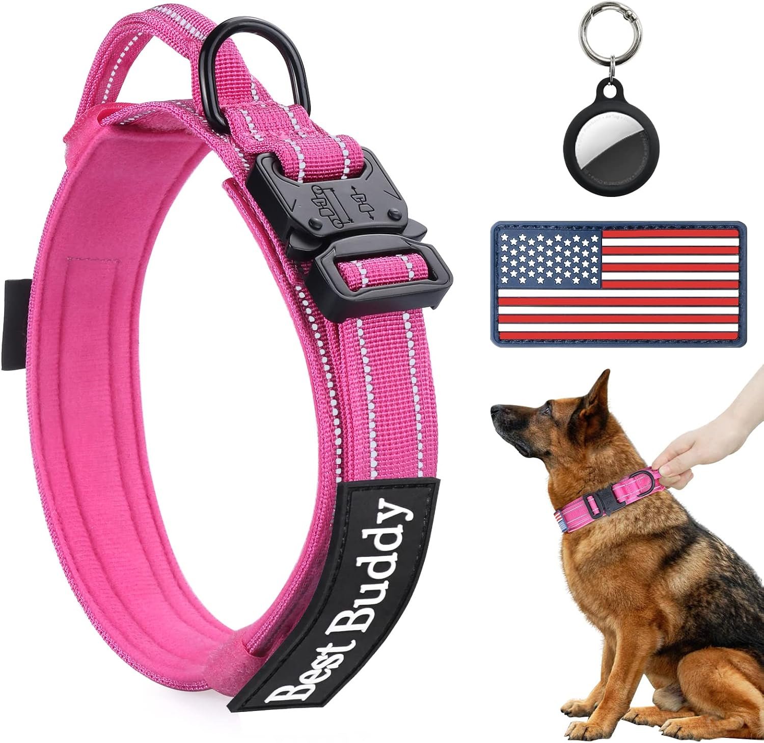 AUBELL Reflective Tactical Heavy Duty Dog Collar with Handle,Pink L AUBELL Reflective Tactical Heavy Duty Dog Collar with Handle,Pink L