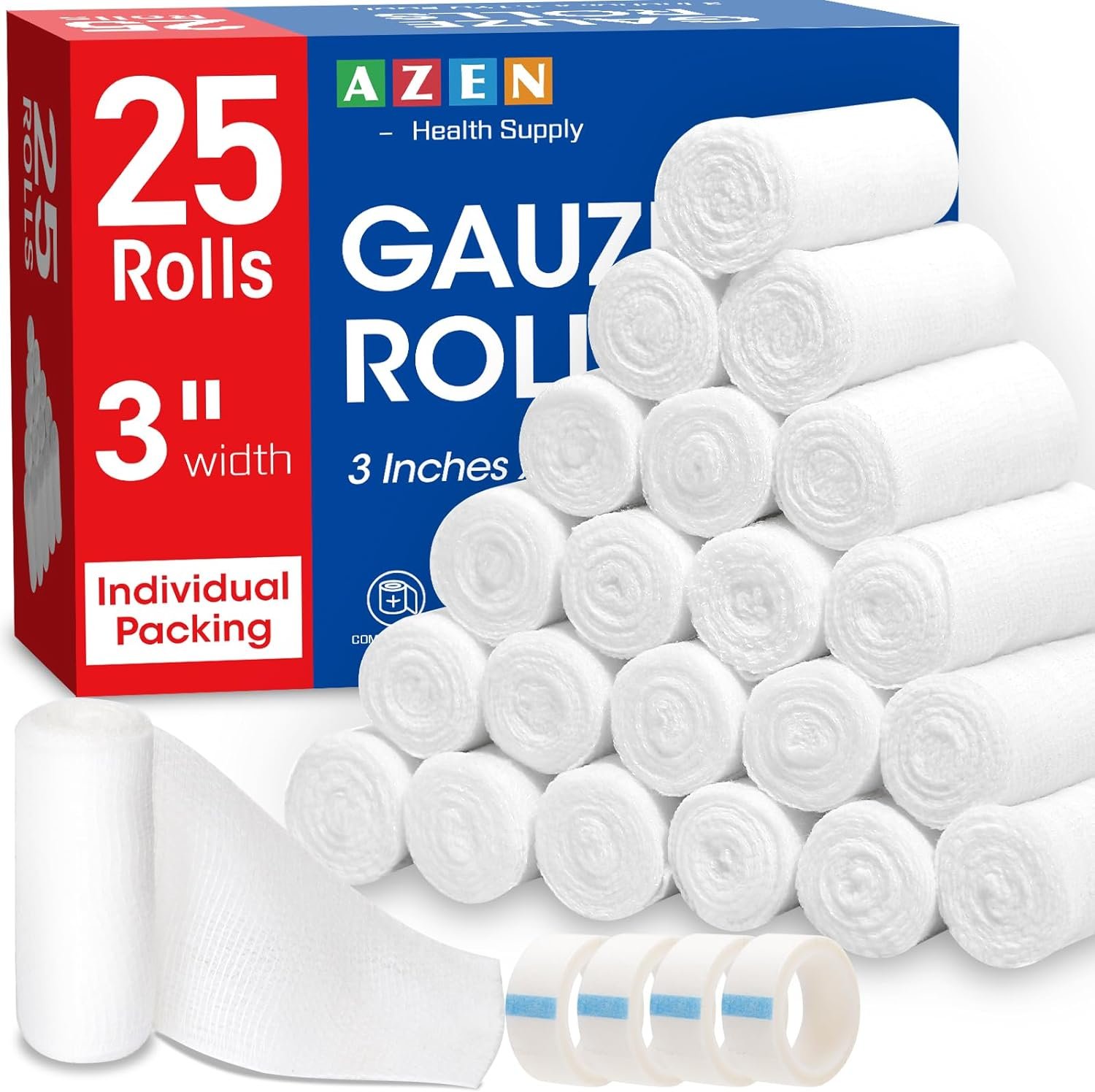 AZEN 25 Pack Gauze Rolls Bandages, 3 in x 4.1 Yards, Premium Medical Supplies & First Aid Supplies, Bandage Wrap Vet Wrap, Mummy Wraps AZEN 25 Pack Gauze Rolls Bandages, 3 in x 4.1 Yards, Premium Medical Supplies & First Aid Supplies, Bandage Wrap Vet Wrap, Mummy Wraps