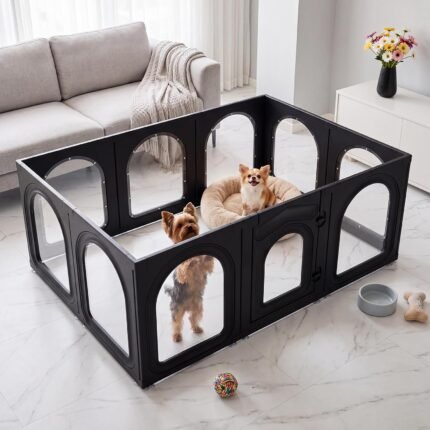 Acrylic Dog Playpen Indoor, 23.6″ H 10 Panels Clear Dog Play Pen for Small Dogs & Puppies, Tool-Free Setup Puppy Playpen, Modern Pet Playpen for Cats, Rabbits & Small Pets Corral para Perros Black