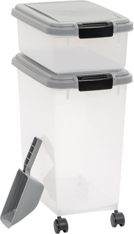 Amazon Basics 3-Piece Airtight Pet Food Storage Container Combo with Scoop, BPA Free, Removable Wheels, 33 QT + 12 QT