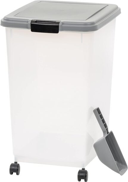 Amazon Basics Airtight Pet Food Storage Container with Scoop, BPA Free, Removable Wheels, 69 QT, Gray