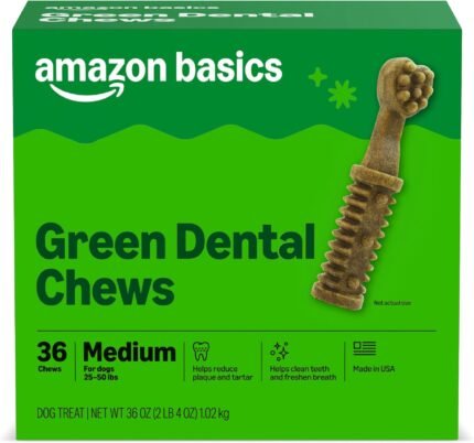 Amazon Basics Dental Dog Treats to Help Clean Teeth & Freshen Breath for Medium Dogs, Unflavored, Per Pack: 36 Count, 2.25 pounds, 1 Pack