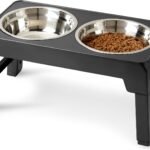 Amazon Basics Elevated Dog Bowls Stand, 5 Height Adjustable Foldable Raised Pet Feeder with Stainless Steel Bowls, Non-Slip Base, 17.3 x 9.4 x 12 in, Black